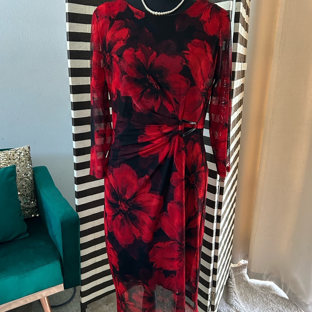 Connected Apparel Red Black Floral Sheath Dress